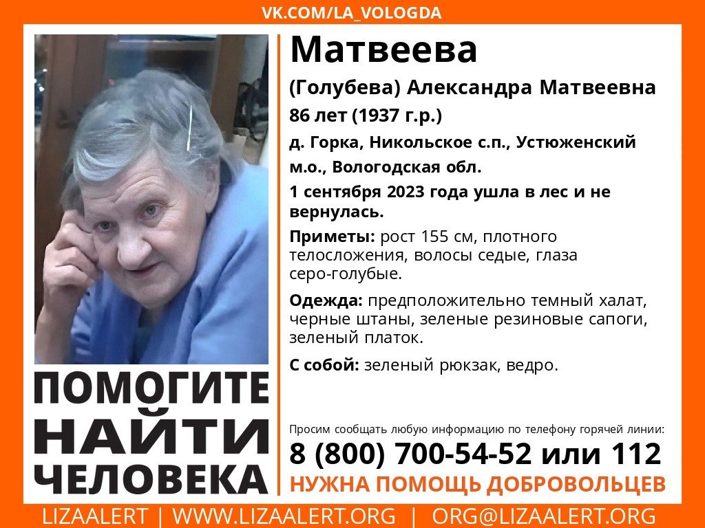 Вологжане могут помочь в поисках пропавшей пенсионерки | 13.09.2023 |  Вологда - БезФормата